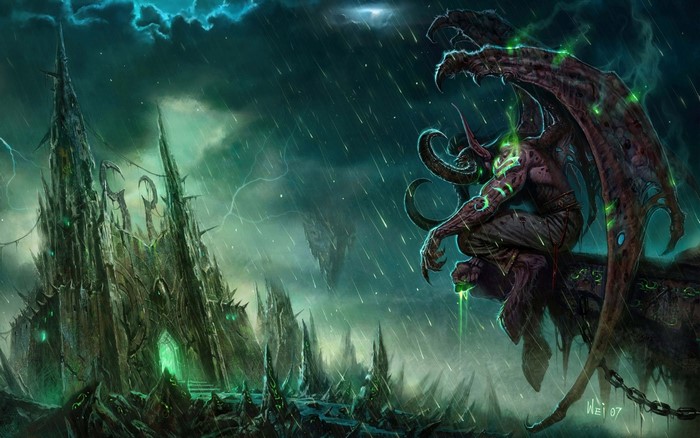 Illidan Stormrage from World of Warcraft in a dark castle