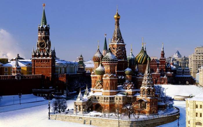 Saint Basil's Cathedral and Kremlin Tower in Moscow, Russia