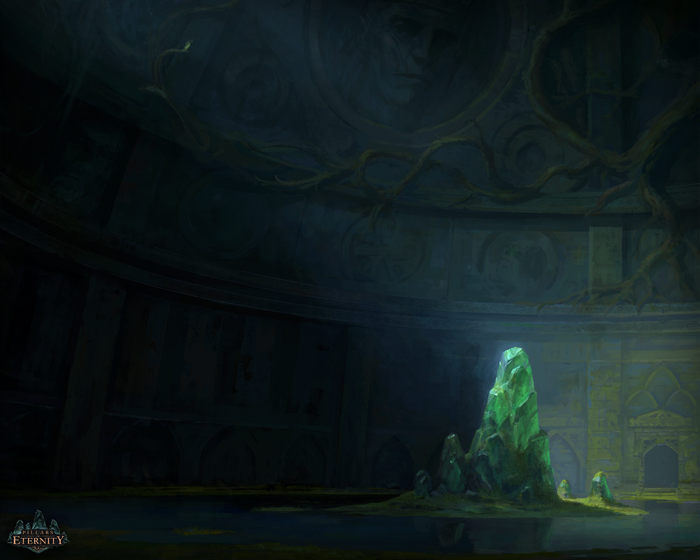 Pillars of Eternity screenshot of a glowing crystal in a dark chamber