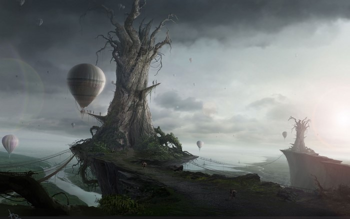 Fantasy landscape with giant tree and hot air balloons