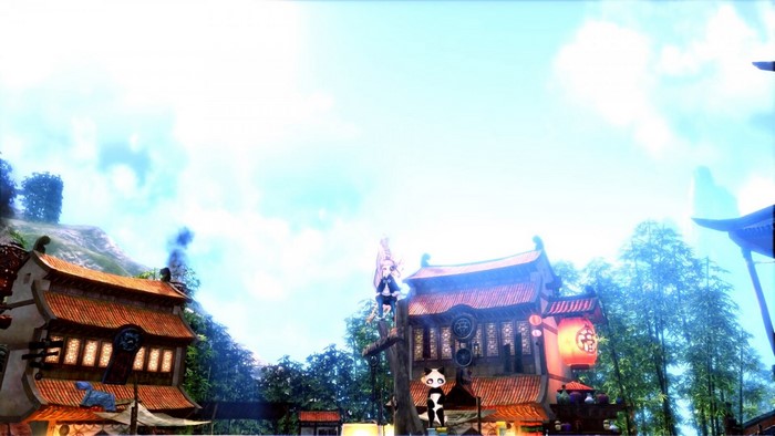 Anime girl and panda on a wooden beam in a village