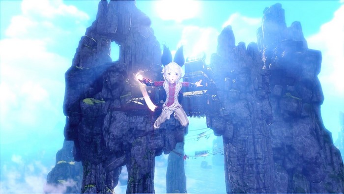 Character from Blade & Soul jumping between rock formations