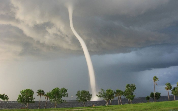 Striking Tornado Over Calm Sea and Green Shore