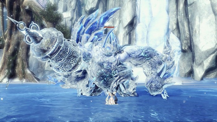 Ice monster and small character in a frozen landscape