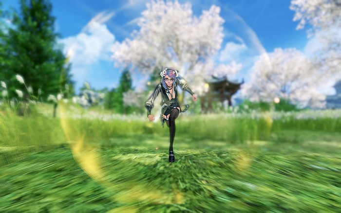 Anime girl with glasses running in a grassy field