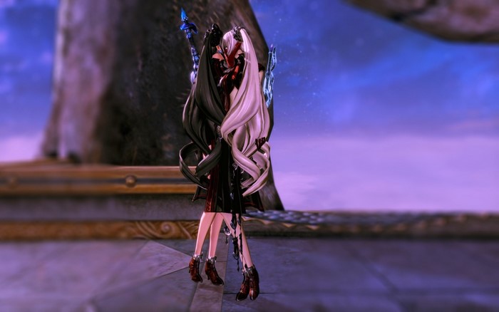 Character with black and white hair holding a staff