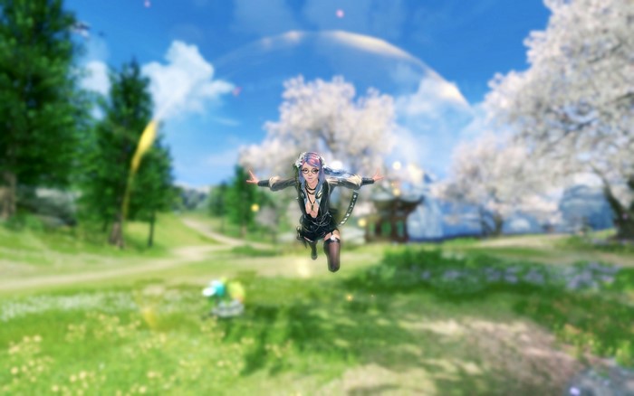 Female character from Blade & Soul flying in a meadow