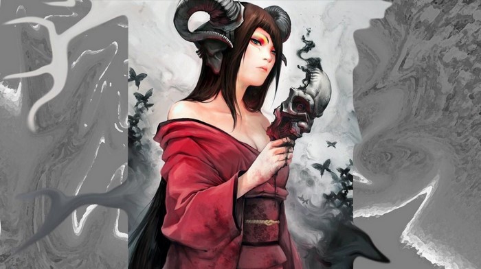 Fantasy art of a demon woman holding a skull mask