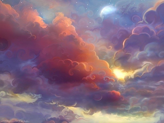 Colorful clouds at sunset with moon and stars