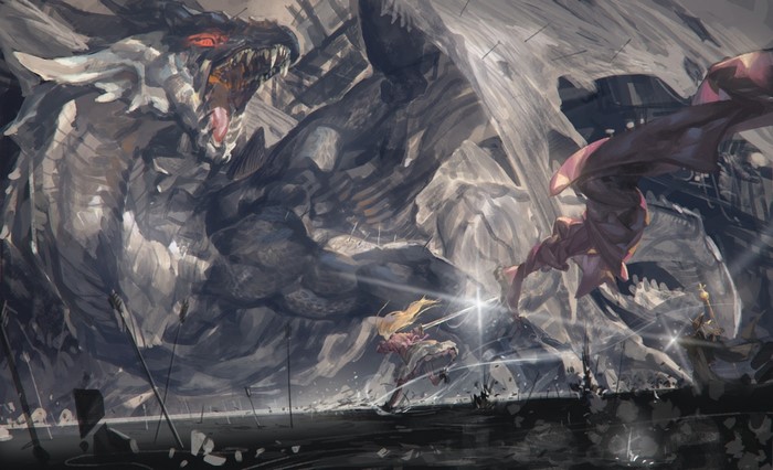 Dragon fighting a girl and a knight