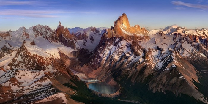 Patagonia Mountains and Lake Aerial View at Sunrise