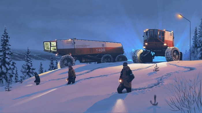 Simon Stalenhag's futuristic rescue vehicles in a snowy landscape