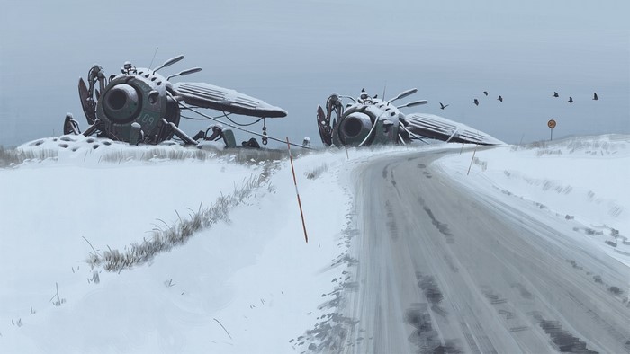 Two futuristic robots on a snowy road