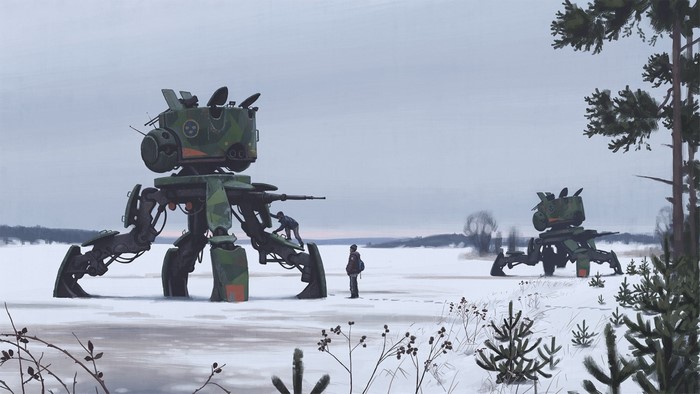 Two robots and people in a snowy landscape