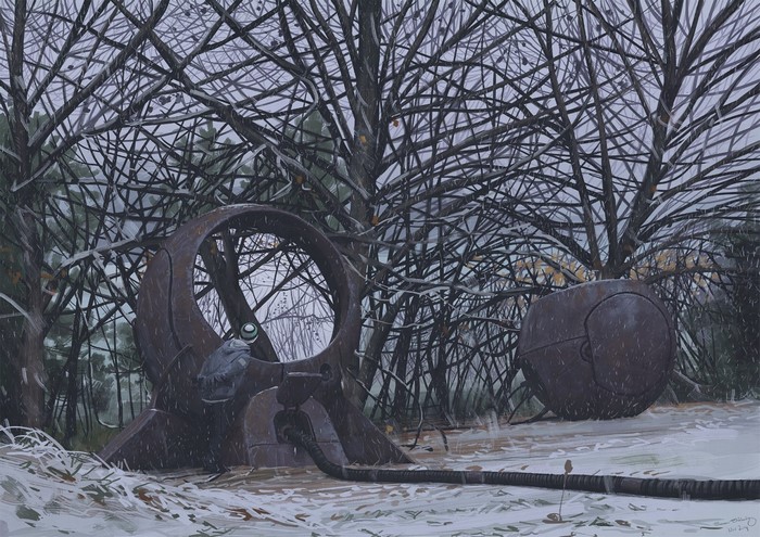 Futuristic sculptures in a snowy forest by Simon Stalenhag