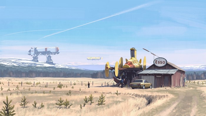 Futuristic landscape with a walking machine and Esso gas station