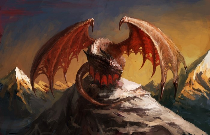 Dragon perched on a rocky mountain peak at sunset