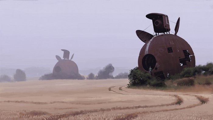 Simon Stalenhag landscape drawing of futuristic structures in a field