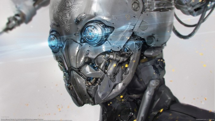 Close-up of a futuristic robot head with glowing blue eyes