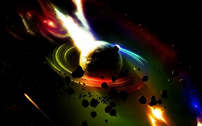 Colorful planet with rings and asteroids in space
