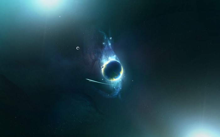 Planet with glowing atmosphere and spaceship in space