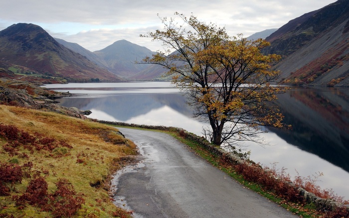 Winding road by a lake with mountains and autumn tree
