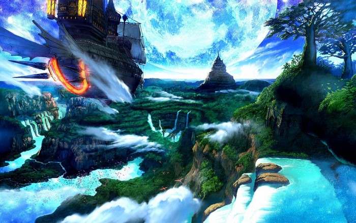 Fantasy airship over a lush landscape with waterfalls
