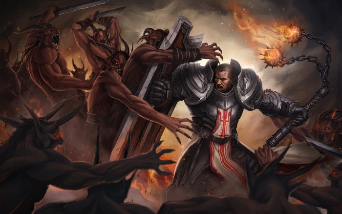 Crusader fighting demons in Diablo III