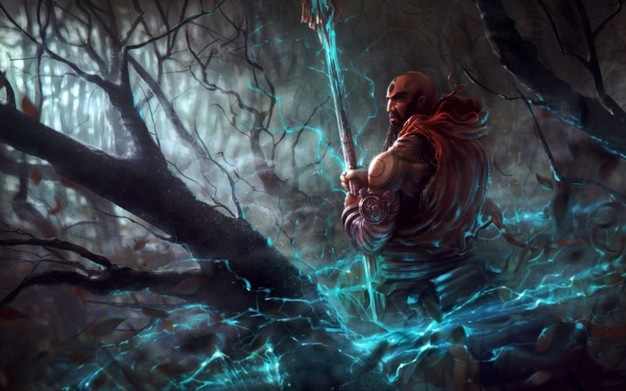 Man with staff in a dark forest with blue energy