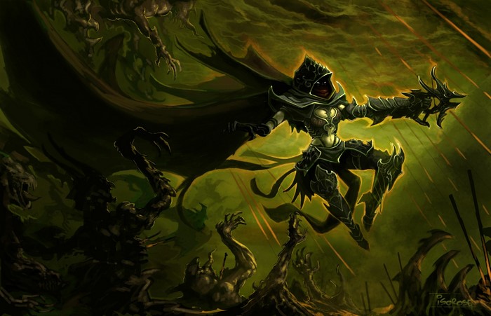 Demon Hunter from Diablo III in a dark, green environment