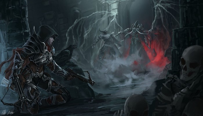 Demon Hunter from Diablo III fighting demons in a dungeon