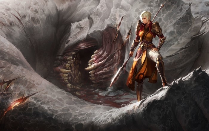Woman warrior facing a monster's maw in Diablo III