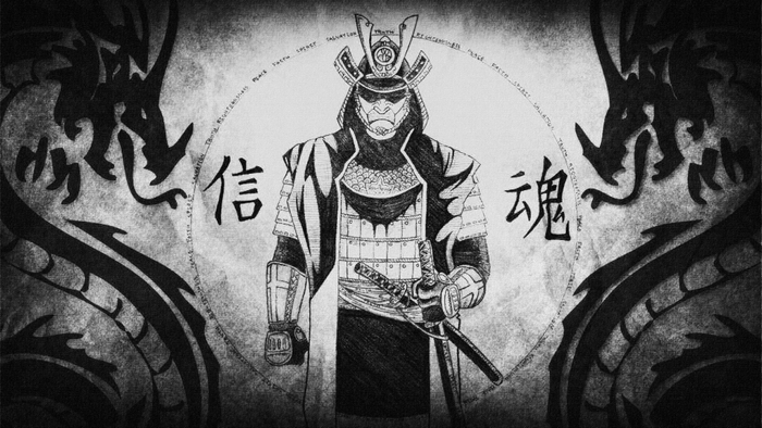 Samurai warrior with dragons and Japanese calligraphy