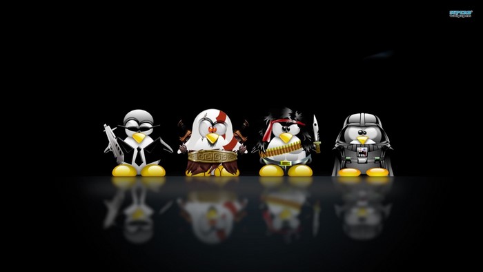 Tux penguins dressed as Kratos, Rambo, and Darth Vader