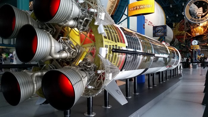 Cutaway model of Saturn V rocket engines at a museum