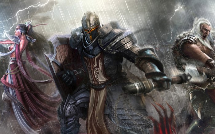 Fantasy warriors in a stormy battle