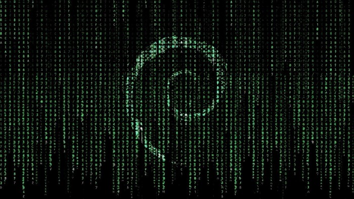 Debian logo in a Matrix-style digital rain