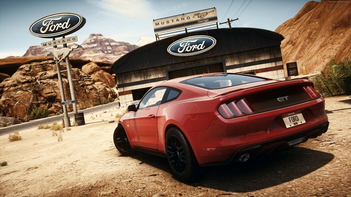 Red Ford Mustang GT at a Ford Garage