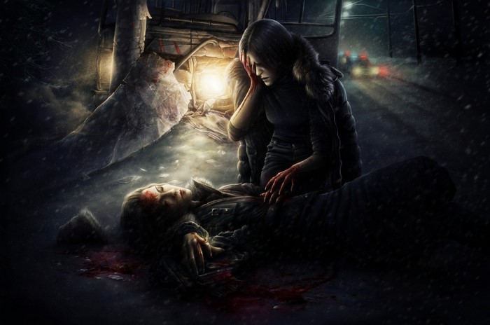 Two women in a snowy scene with blood