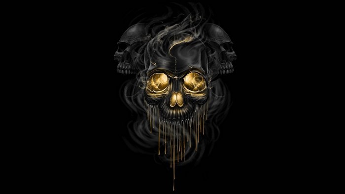 Illustration of three skulls with golden eyes and smoke