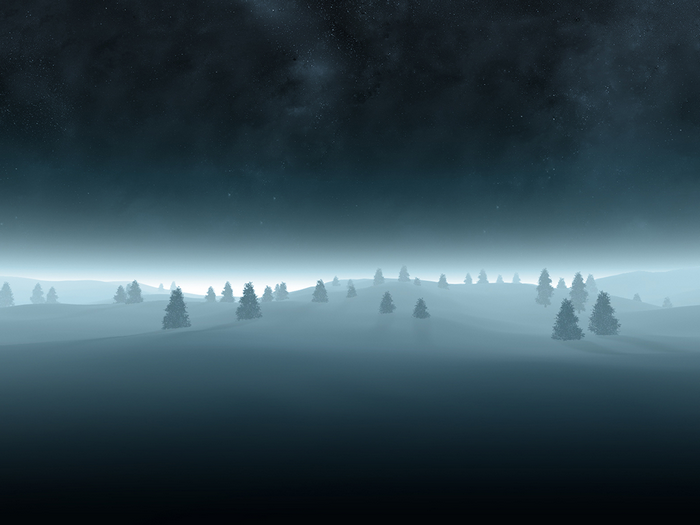 Misty winter landscape with trees under starry sky