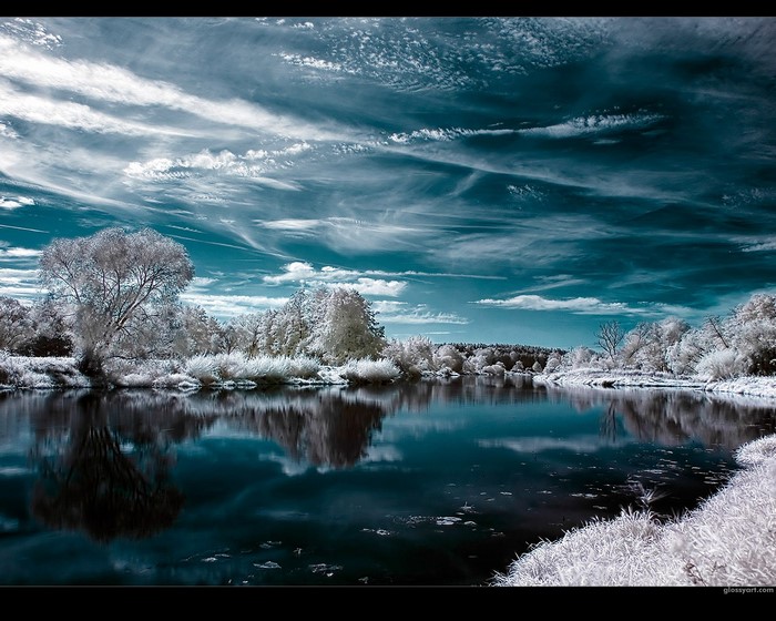 Infrared landscape with river and trees