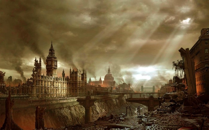 Post-apocalyptic London cityscape with Big Ben and St. Paul's Cathedral