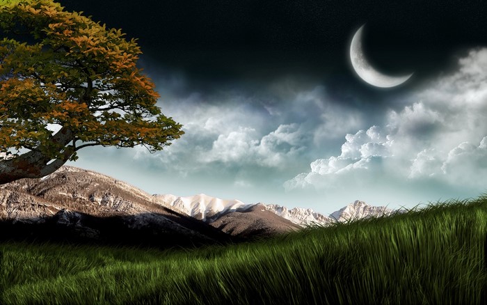 Tree on hill with mountains and crescent moon