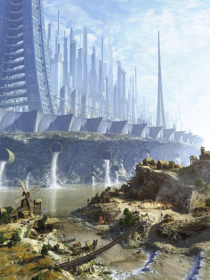 Futuristic city with waterfalls and a village