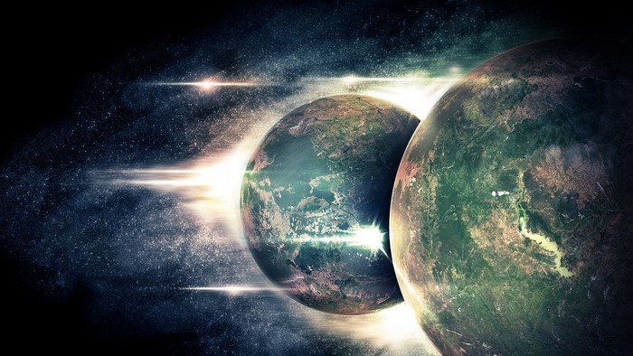 Two planets in space with bright sunlight