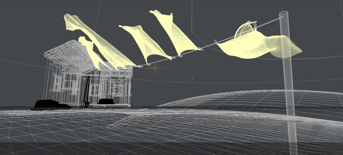 Wireframe illustration of a stadium with flags