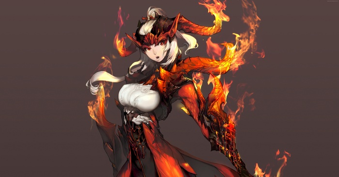Female demon warrior with horns and fire from Blade & Soul