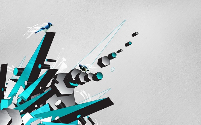 Abstract geometric shapes with blue birds