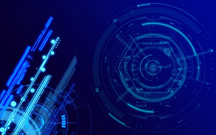 Abstract blue digital technology interface with geometric shapes